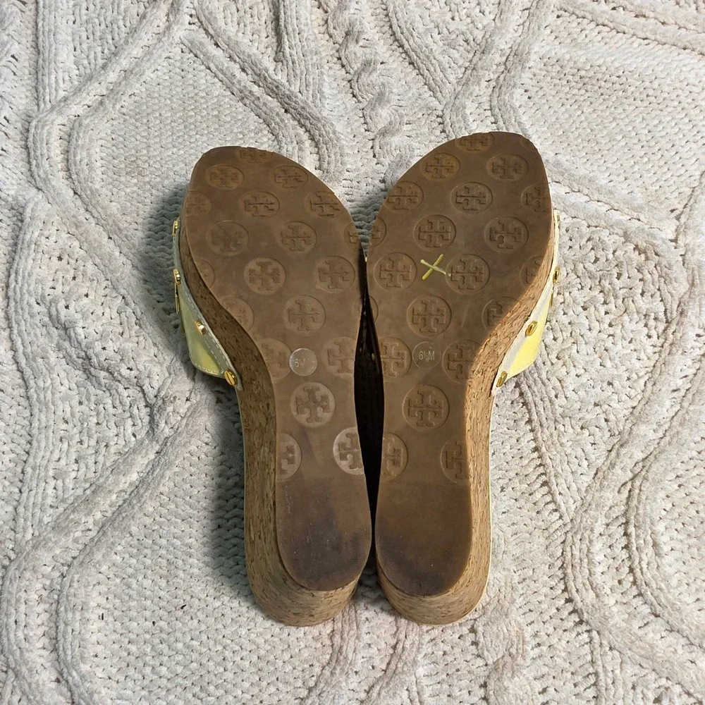 Tory Burch Miller Cork Wedge Sandals Yellow Patent Leather‎ Womens 6.5M